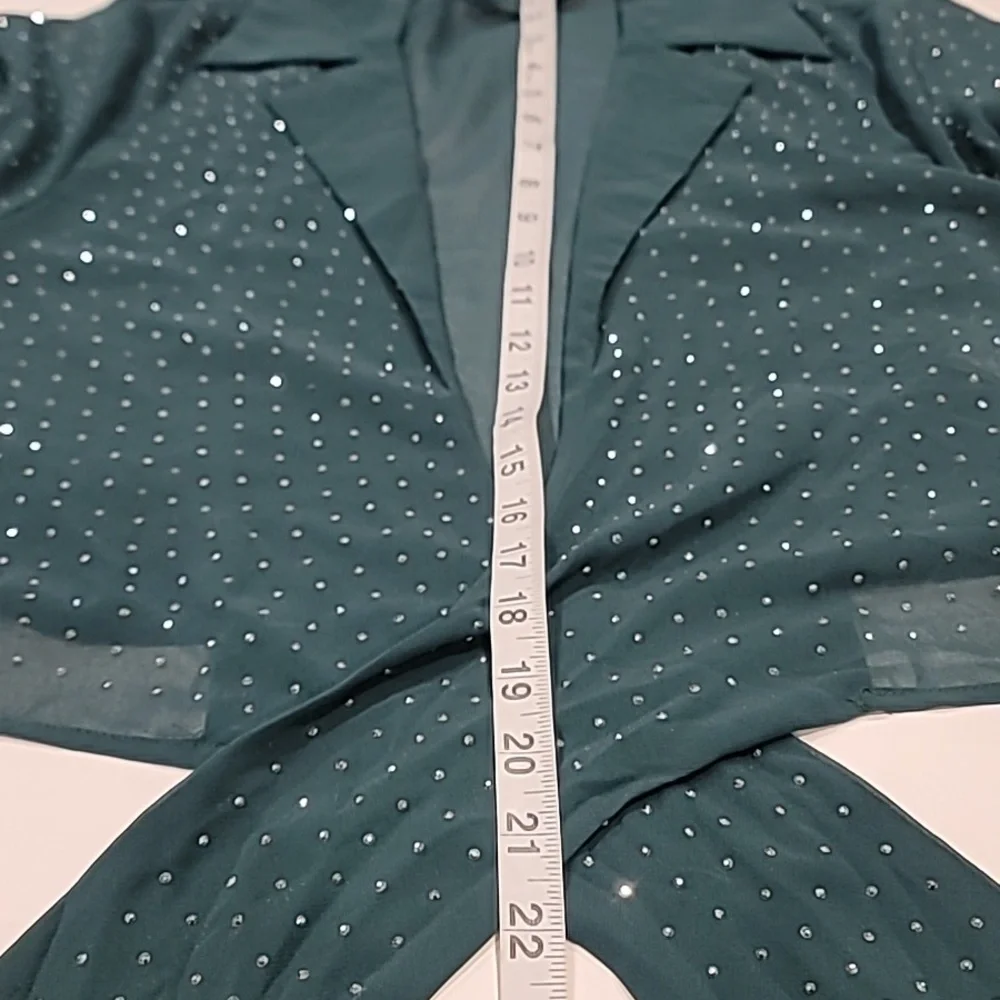 Top Chic Tie Front Semi Sheer Sparkle Studded Cropped Blouse Forest Green L - Picture 13 of 14